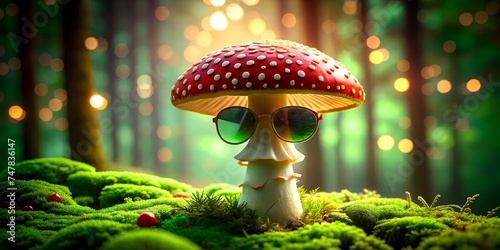 fly agaric in the glasses in the magic forest. 3d illustration