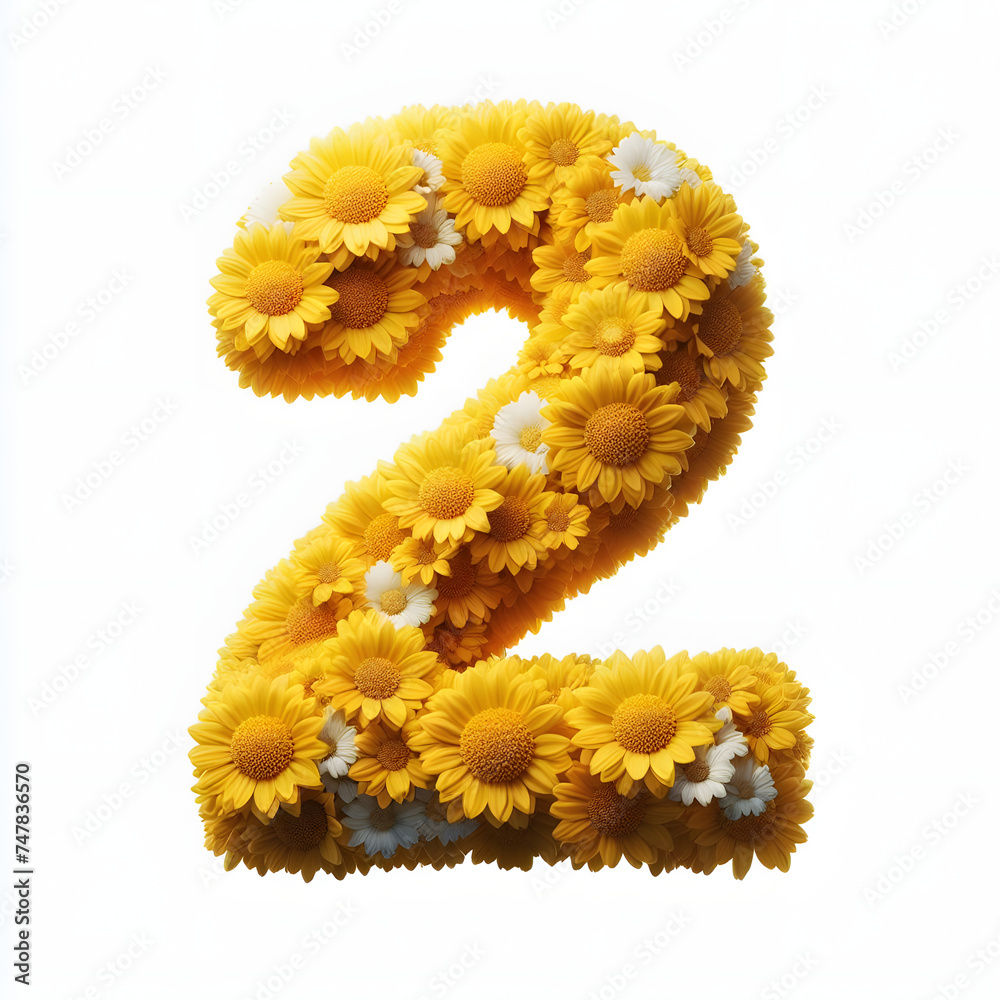 Number 2 is made of real natural Yellow flowers, Isolated on a white background, flower font concept, Creative Numbers
