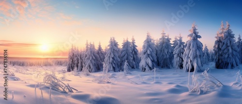 Frosty Evening Serenity: Snow-Blanketed Pine Trees in Stunning Winter Panorama © Nazia
