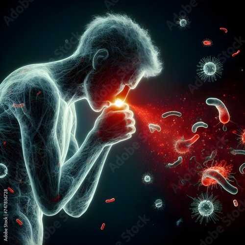Human silhouette sneezing badly with nose and ejecta glowing red, bacteria germs floating outside the silhouette , medical healthcare concept photo