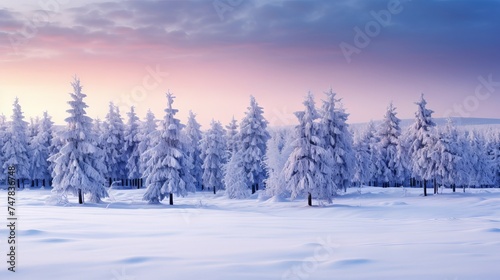 Frosty Evening Serenity  Snow-Blanketed Pine Trees in Stunning Winter Panorama