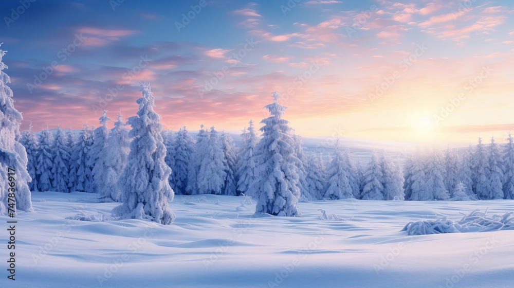 Frosty Evening Serenity: Snow-Blanketed Pine Trees in Stunning Winter Panorama