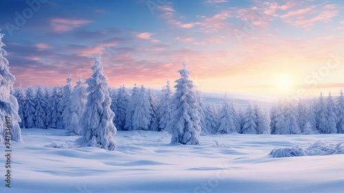 Frosty Evening Serenity: Snow-Blanketed Pine Trees in Stunning Winter Panorama
