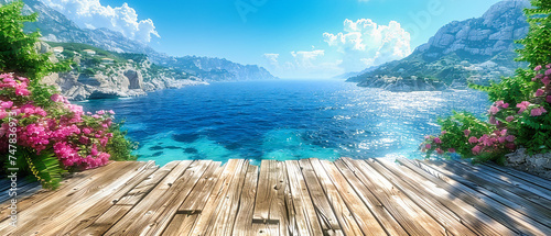 Tropical Beach Escape with Wooden Deck, Serene Seascape for Relaxation and Vacation, Idyllic Coastline with Clear Blue Waters, Summer Travel Destination with Sunny Sky, Paradise Beach with Wooden Path © NURA ALAM
