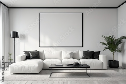 Mockup poster frame in modern apartment interior with L-shaped sofa, 3d render photo