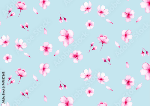 Watercolor small floral pattern_background material_cherry blossom_green