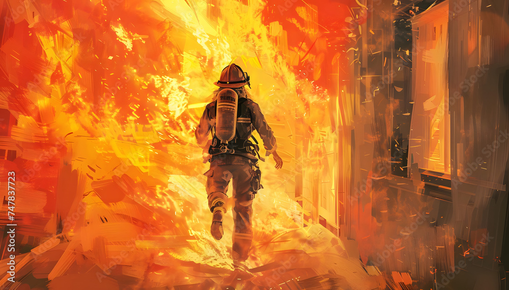 A sketch of a female firefighter rushing into a burning building to rescue a trapped individual wit Generative AI - obrazy, fototapety, plakaty 