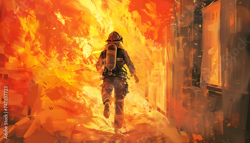 A sketch of a female firefighter rushing into a burning building to rescue a trapped individual wit Generative AI