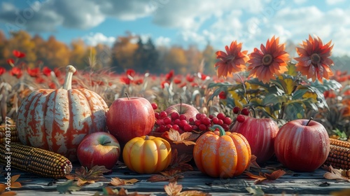 Thanksgiving with pumpkins, apples, and corncobs on a wooden table with fields trees and the sky in the background