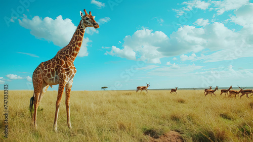 A lone giraffe oversees the grassland, a sentinel amongst the antelopes – AI Generative.