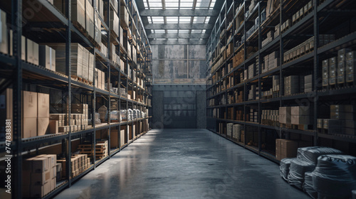 Spacious Industrial Warehouse Interior with Rows of Shelves Filled with Boxes © swissa