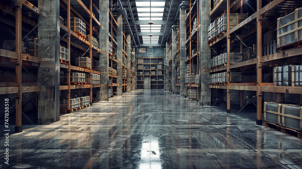 Empty Industrial Warehouse with Shelves and Reflective Floor