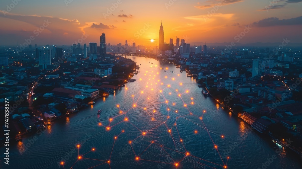 An abstract Bangkok city background with a wireless network and connections technology concept