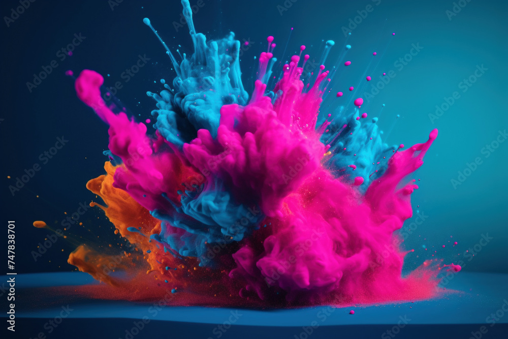 Vibrant Explosion of Pink and Blue Paint Powder on Dark Background