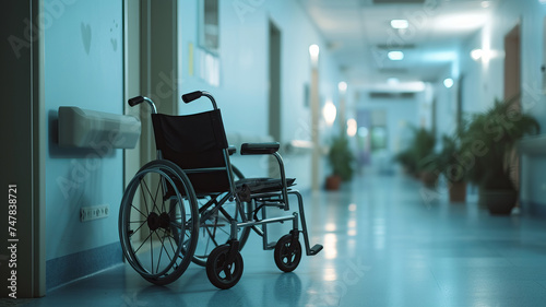 An empty wheelchair in a hospital corridor, representing care and accessibility in healthcare AI Generative.