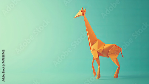 Bright orange origami giraffe on a turquoise background. AI Generative.