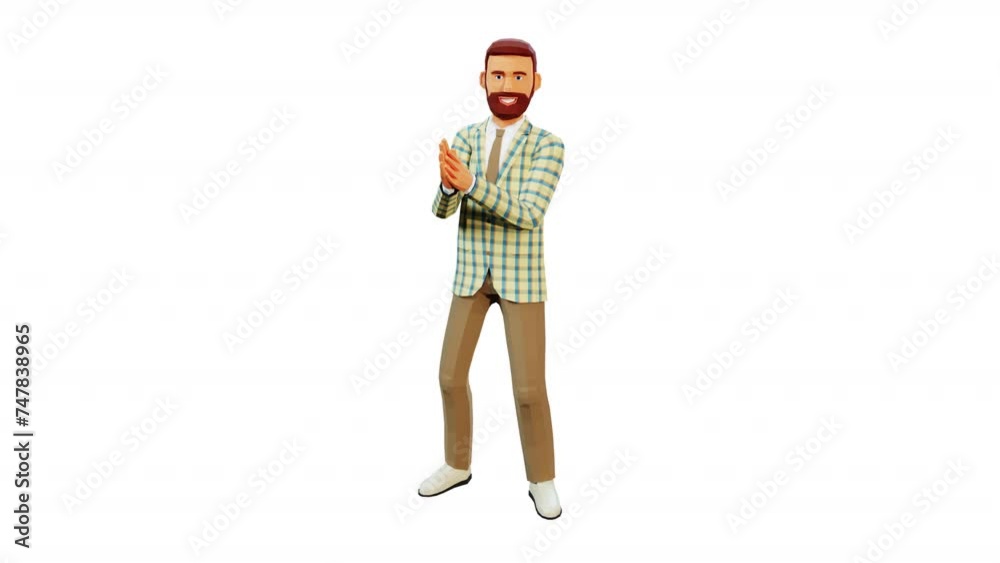 Cheerful man with a beard clapping his hands in joy and celebration, showing appreciation and enthusiasm. Stylized 3d looped animation. Cheerful man with a beard clapping his hands in joy and celebration, showing appreciation and enthusiasm. Stylized 3d looped animation.