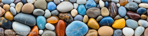multicolored stones of different shapes and sizes on sea shore. Travel and vacation concept with copy space. 