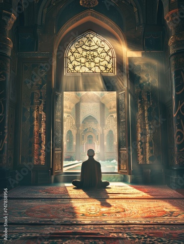 Devotee in Prayer under Divine Light in Ornate Mosque