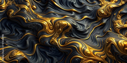 Abstract background of melted liquid gold and honey on dark marble waves. Wallpaper