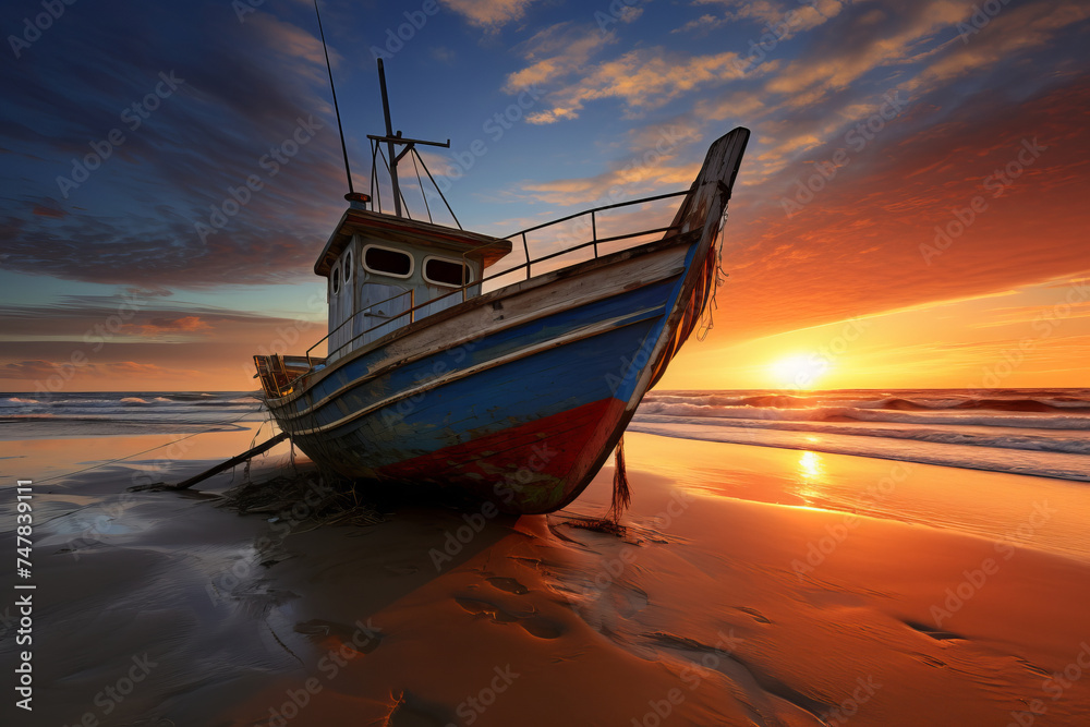 Abandoned fishing boat on the beach at sunset, casting a serene silhouette against the sky, AI Generative.