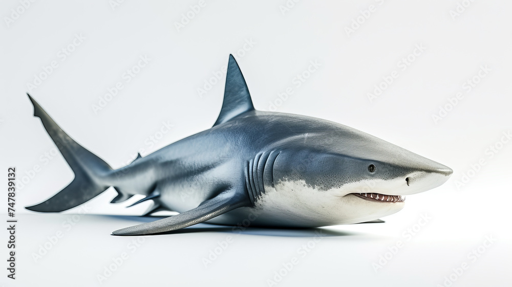 Obraz premium A solitary shark isolated against a white backdrop, emanating a sense of power AI Generative.