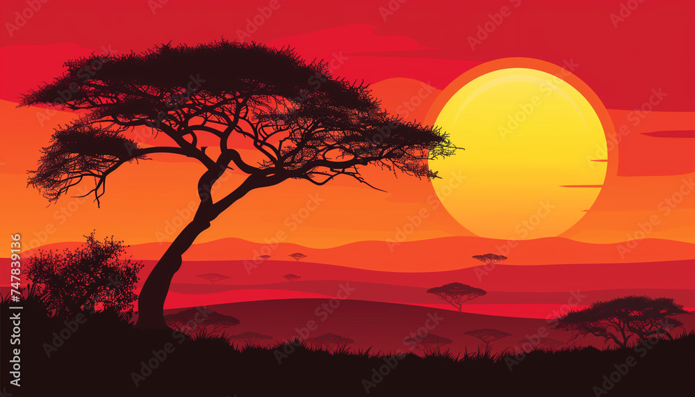 A silhouette of an acacia tree stands against a vibrant orange and red sunset in the African savanna
