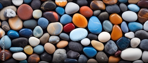 Colorful pebbles background, top view, square composition. Travel and vacation concept with copy space. 