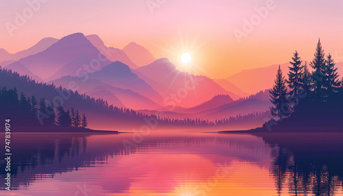 The sun rises over a tranquil lake, casting a soft pink and purple glow on the serene mountain landscape