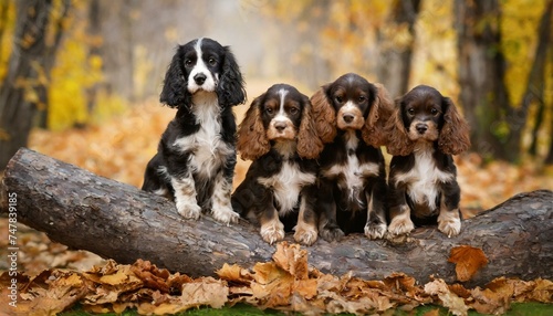Puppy Pals: Playful Spaniels Enjoying Fall Foliage as They Stand Together by a Rustic Tree Trunk"