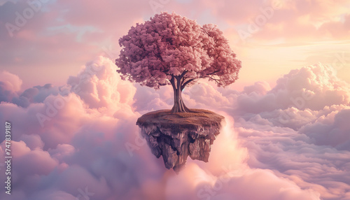 A solitary tree on a floating island drifts above a sea of soft pink clouds under a warm  glowing sky