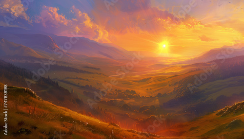 The sun sets over a vast valley, casting a golden glow over the rolling hills, with birds flying in the warm, radiant sky