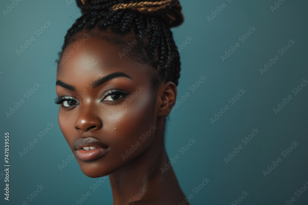 Confident woman with braided hairstyle on solid background. Beauty and fashion. Confident woman with braided hairstyle on solid background. Beauty and fashion.