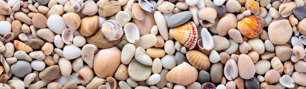 Colorful pebbles background. Multicolored stones texture. Travel and vacation concept with copy space. 