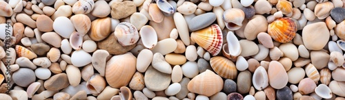 Colorful pebbles background. Multicolored stones texture. Travel and vacation concept with copy space. 