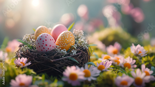 Easter card with painted Easter eggs in nest in meadow with flowers. free space