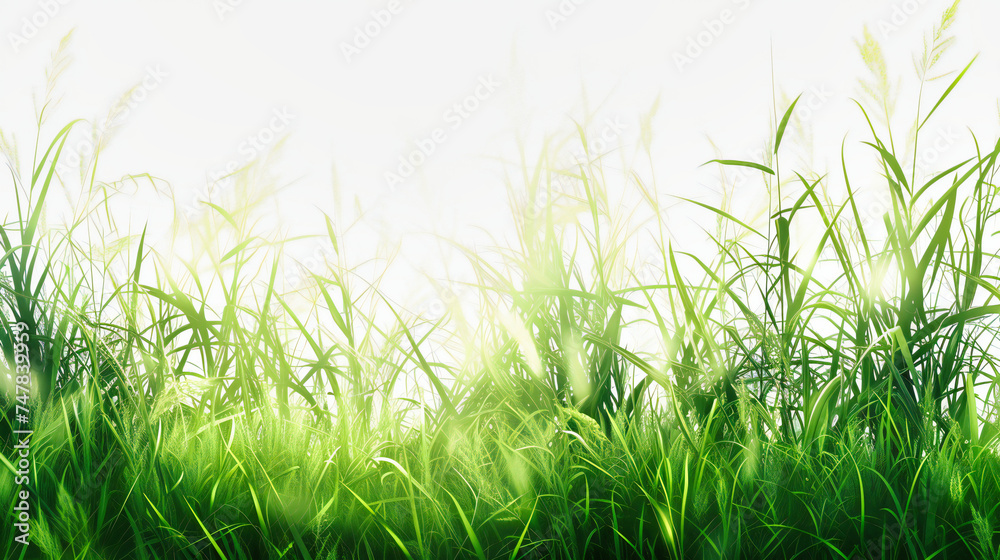 Obraz premium Fresh Spring Meadow, Vibrant Green Grass, Sunlit Nature Background, Dewy Morning
