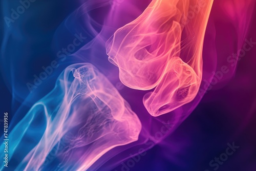 An up-close view of swirling smoke captured against a pitch-black backdrop, Saturated colored 3D X-ray view of a human thigh bone, AI Generated