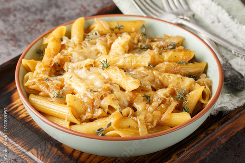 Obraz na płótnie Delicious French onion pasta penne with caramelized onions, fragrant thyme, garlic and gruyere cheese close-up on a bowl on a wooden board. Horizontal w salonie