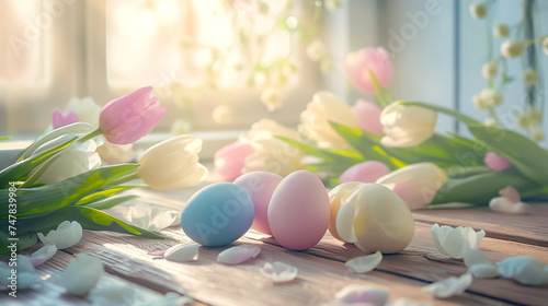 Easter card with pastel colors Easter eggs on wooden table with tulips indoor. free space
