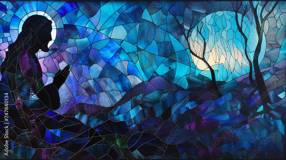 Design a stained glass window capturing the solemn moment of Jesus praying in the Garden of Gethsemane, with dark blues and purples to reflect the night and the intensity of the moment