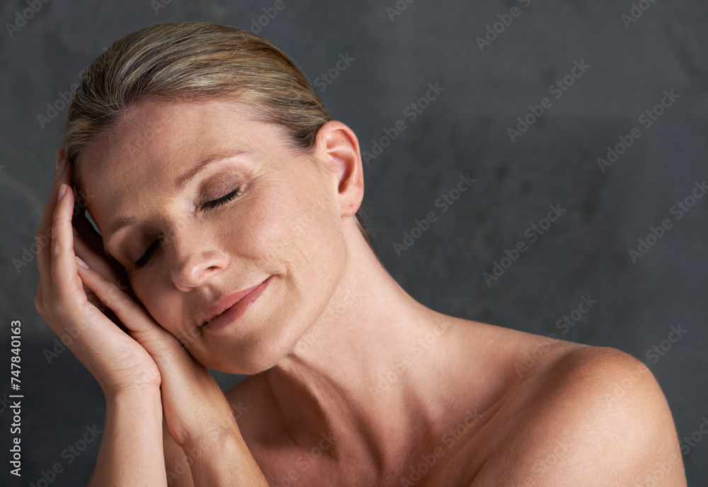 Mature woman, studio and nude for beauty, skin care and natural look in self love moment of thought. Old caucasian female person, face and dreaming in grey background, body and naked confidence Mature woman, studio and nude for beauty, skin care and natural look in self love moment of thought. Old caucasian female person, face and dreaming in grey background, body and naked confidence