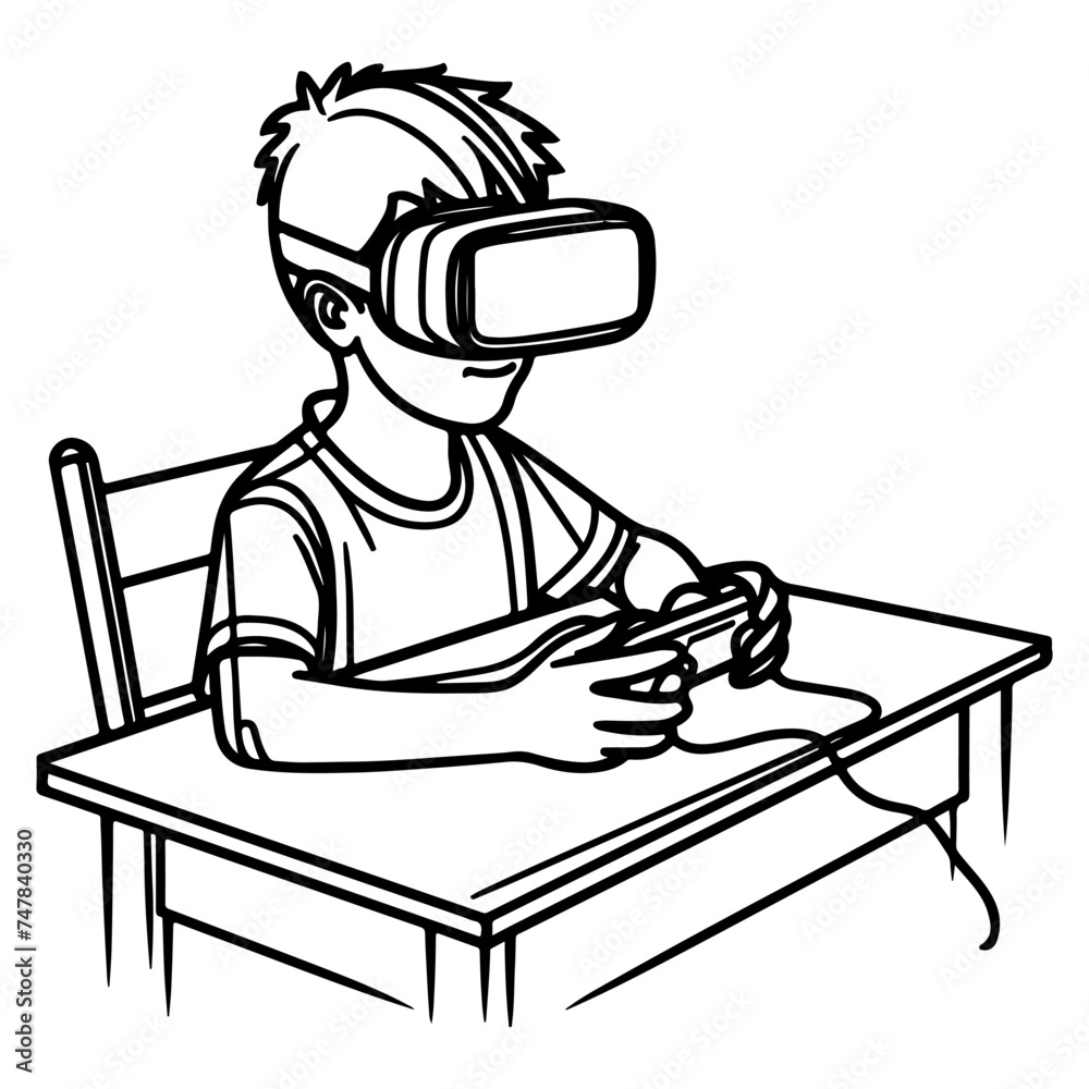 single continuous drawing black line art linear boy using virtual reality headset simulator glasses to learn new technology single continuous drawing black line art linear boy using virtual reality headset simulator glasses to learn new technology