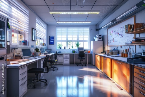 A large room filled with numerous desks, providing ample workspace, illuminated by a wide, panoramic window, Science lab office with equipment and whiteboards, AI Generated