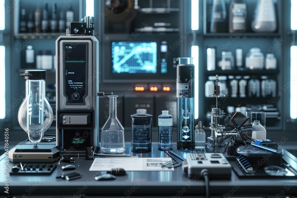 A table filled with a variety of distinct items, showcasing a wide range of objects, Sci-Fi Set of Biotech Gadgets, AI Generated A table filled with a variety of distinct items, showcasing a wide range of objects, Sci-Fi Set of Biotech Gadgets, AI Generated