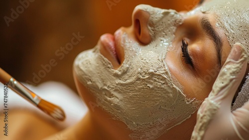 Happy beautiful young woman lying down with facial mask treatment in beauty and spa salon.