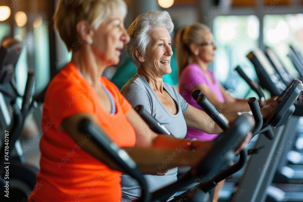 A diverse group of women engage in a rigorous workout by pedaling on exercise bikes at a gym, Senior citizens working out in a gym dedicated for older adults, AI Generated - obrazy, fototapety, plakaty 