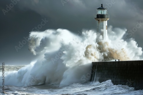 A formidable wave crashes against a majestic lighthouse standing tall in its path, Seascape with a wave breaking against a lighthouse, AI Generated