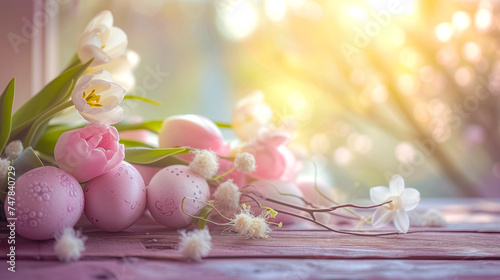 Easter card with pastel colors Easter eggs on wooden table with tulips indoor. free space