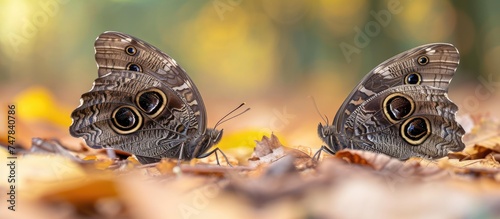 Two Hipparchia fagi butterflies, dark brown in color, are sitting delicately on top of fallen autumn leaves in a wooded area. The insects display intricate patterns on their wings as they rest photo